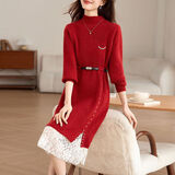 AEMAPE秋冬新款韩版蕾丝针织连衣裙女洋气减龄本命年红色毛衣裙大码内搭 红色 M