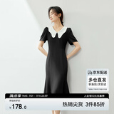 尚都比拉复古优雅女神范连衣裙女夏季V领修身收腰中长裙 黑配白 L 