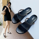 ZHR凉鞋女学生真牛皮平底凉拖女百搭罗马一字带沙滩女鞋外穿 M271 黑色 38