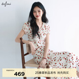 伊芙丽（eifini）伊芙丽V领高腰线设计长款碎花连衣裙女2025夏季新款气质茶歇裙子 米白 XL
