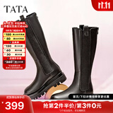 他她（TATA）厚底长筒靴女靴英伦加绒保暖骑士靴高筒靴秋冬新WXK02DG3 黑色（绒里） 39