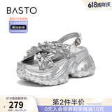 百思图夏季新款钻带休闲老爹运动凉鞋厚底增高女凉鞋BG357BL4 灰色 37