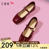 红蜻蜓玛丽珍女鞋春秋法式红色婚鞋绝美复古平底小皮鞋WTB24600 红色 35