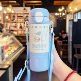 GULOO儿童保温杯女孩库洛米双饮吸管水杯316不锈钢小学生上学专用水壶 蓝白色 480ml 【送背带+双饮】