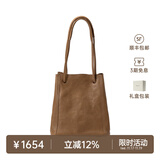 裘真008水桶包女斜挎通勤大容量真皮复古小众植鞣牛皮包包 大象灰-小号