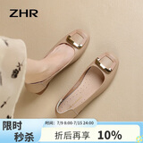 ZHR浅口单鞋女春秋粗跟通勤女鞋优雅方扣真牛皮船鞋女 AH378 杏色 37