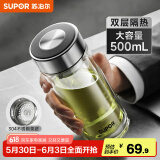 苏泊尔（SUPOR）玻璃杯茶水分离男士水杯双层高硼硅玻璃耐高温大容量办公泡茶杯子 行砚黑500ml