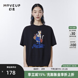 幻走（MOVEUP）夏季新款.FUN系列 圆领落肩袖猫咪印花设计感短款T恤女 深宝蓝 M