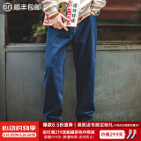 马登工装美式复古水洗丹宁牛仔裤直筒宽松阔腿裤日系休闲长裤子男春 深蓝 33