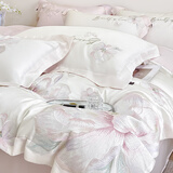 忆自然高级A类100S长绒棉四件套全棉纯棉简约花卉刺绣被套床单床上用品 曼影-白粉 1.8m四件套 床单款 （被套200*230cm）