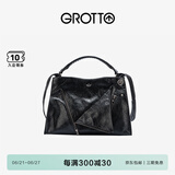GROTTO个乐翻领包真皮大容量通勤小众机车风手提单肩斜挎包礼物 经典黑(牛皮) S
