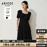 艾诺丝雅诗【商场同款】夏季新品通勤全棉提花方领泡泡袖连衣裙30529018 黑色 M