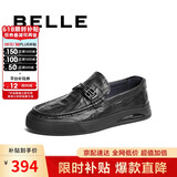 百丽休闲鞋男牛皮革格纹套脚豆豆鞋A1368AM4 黑色 43