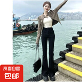【加长版】新款浅蓝色微喇牛仔裤女春秋马蹄裤高腰显瘦 956黑色长裤 XL