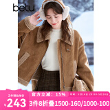 百图betu女装冬季新款短外套翻领仿麂皮绒皮毛一体外套女2410D02 骆驼色 L