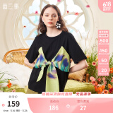 两三事 迷蝶把戏 夏季新款时尚印花蝴蝶结拼接纯棉短袖t恤女 黑色 S