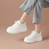 波尔谛奇（BOERDIQI）头层牛皮2025新款百搭休闲小白鞋板鞋女厚底增高运动鞋 白色  37