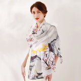 达芬奇密码高档丝巾女100%真丝围巾春秋保暖节日送女性妈妈礼物披肩 烟雨江南