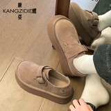 康姿蝶厚底勃肯鞋女2025春季新款复古乐福鞋学生百搭小个子休闲单鞋子女 杏色 36