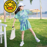 G.duck品牌童装女童套装夏季套裙儿童夏装短袖T恤半身裙子两件套中大童 绿色 150