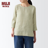 无印良品 MUJI 女式 亚麻水洗 七分袖罩衫 T恤 亚麻上衣 BCA25C2S 淡绿色 S(155/80A)