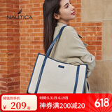 NAUTICA诺帝卡女士托特包简约手提包大容量通勤时尚单肩包情人节礼物 米白配藏蓝色 M
