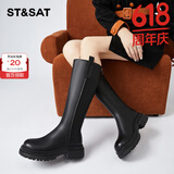 星期六（St&Sat）长靴女2024秋冬季新款不过膝高筒靴英伦风粗跟长筒靴时尚女靴子 黑色 38 标准码