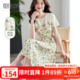 熙世界sllsky假两件碎花连衣裙女2025夏季新款短袖圆领不规则荷叶边裙子 绿色郁金香 XL