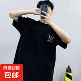 夏季纯棉字母印花短袖t恤男女同款情侣装圆领打底衫半袖体恤上衣 黑色XL XXL