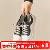 ZHR小白鞋女真牛皮平底百搭运动板鞋免系带韩版软底休闲鞋女 A75 黑色 37 