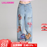 LALABOBO袁一琦同款纯棉牛仔裤女高腰显瘦小熊印花宽松阔腿裤潮RBDC-ZC19 中蓝白 常规 27 建议125-140斤