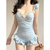 南木熊泳衣女新款高级绝美连体聚拢小胸遮肚显瘦海边度假泡温泉泳衣 浅蓝色胸花泳衣【80-120斤】