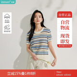 茵曼法式女装彩虹条针织短袖t恤夏季新潮通勤套头衬衫上衣 彩虹蓝 XL