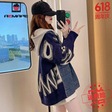 AEMAPE外套女2025春秋季新款卫衣连帽牛仔拼接毛衣短外套女 藏青色 L _90-120斤