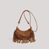 微光里新款女士流苏铆钉单肩包波西米亚流苏包包女2025小众复古斜挎包 流苏铆钉包【棕色】
