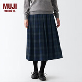 无印良品 MUJI 女式 羊毛混 抽褶裙 半身长裙秋冬季 百褶裙 BEK44A2A 藏青色格纹 S