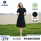 Navigare意大利小帆船短袖连衣裙女士夏季棉质斜领裙子时尚显瘦半袖a字裙 暗夜黑 L 码