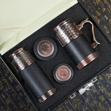 八玺（BAXI）紫砂杯办公杯商务男士礼品带把水杯茶具泡茶杯保温杯送爸爸送老师 儒雅黑百福对杯皮盒装 百福紫砂内胆保温杯（送茶滤）