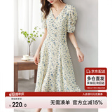 尚都比拉夏季法式碎花连衣裙泡泡袖茶歇裙气质女神范裙子 杏底蓝花 M 
