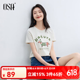 欧莎休闲慵懒印花T恤短袖女2025夏季新款显瘦棉质宽松圆领上衣 灰白 M