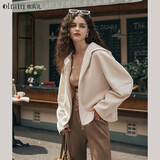 Olrain欧芮儿麂皮绒连帽短外套女装秋季休闲上衣 奶油杏（第二批次） L