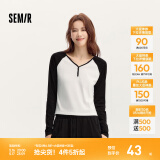 森马（Semir）【云柔亲肤】长袖t恤女短款V领修身上衣24年新款插肩袖休闲薄外套 黑白色调00391 XS