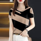 思羽君短袖t恤女2026新款夏季时尚女装印花短袖条纹遮肚妈妈装打底衫女 卡其色 2XL 码建议120-135斤