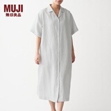 无印良品 MUJI 女式 法国亚麻水洗 五分袖开襟连衣裙 BCL08C0S 银灰色 M-L