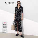 MO&Co.夏季V领开衩立裁印花长裙MBA2DRST29 摩安珂moco 黑底白花色 S