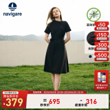 Navigare意大利小帆船短袖连衣裙女士夏季棉质斜领裙子时尚显瘦半袖a字裙 暗夜黑 L 码