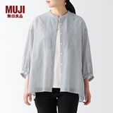 无印良品 MUJI 女式 水洗 棉强捻 七分袖罩衫 BCA36A2S 深灰色条纹 XS-S