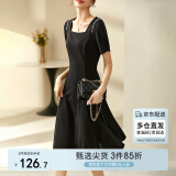尚都比拉短袖连衣裙女夏季时尚通勤中长款a字裙钉珠收腰显瘦裙子 黑色 S