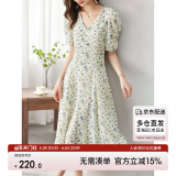 尚都比拉夏季法式碎花连衣裙泡泡袖茶歇裙气质女神范裙子 杏底蓝花 M 