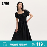 森马连衣裙女温柔气质白月光夏季法式方领收腰中长裙107424114036